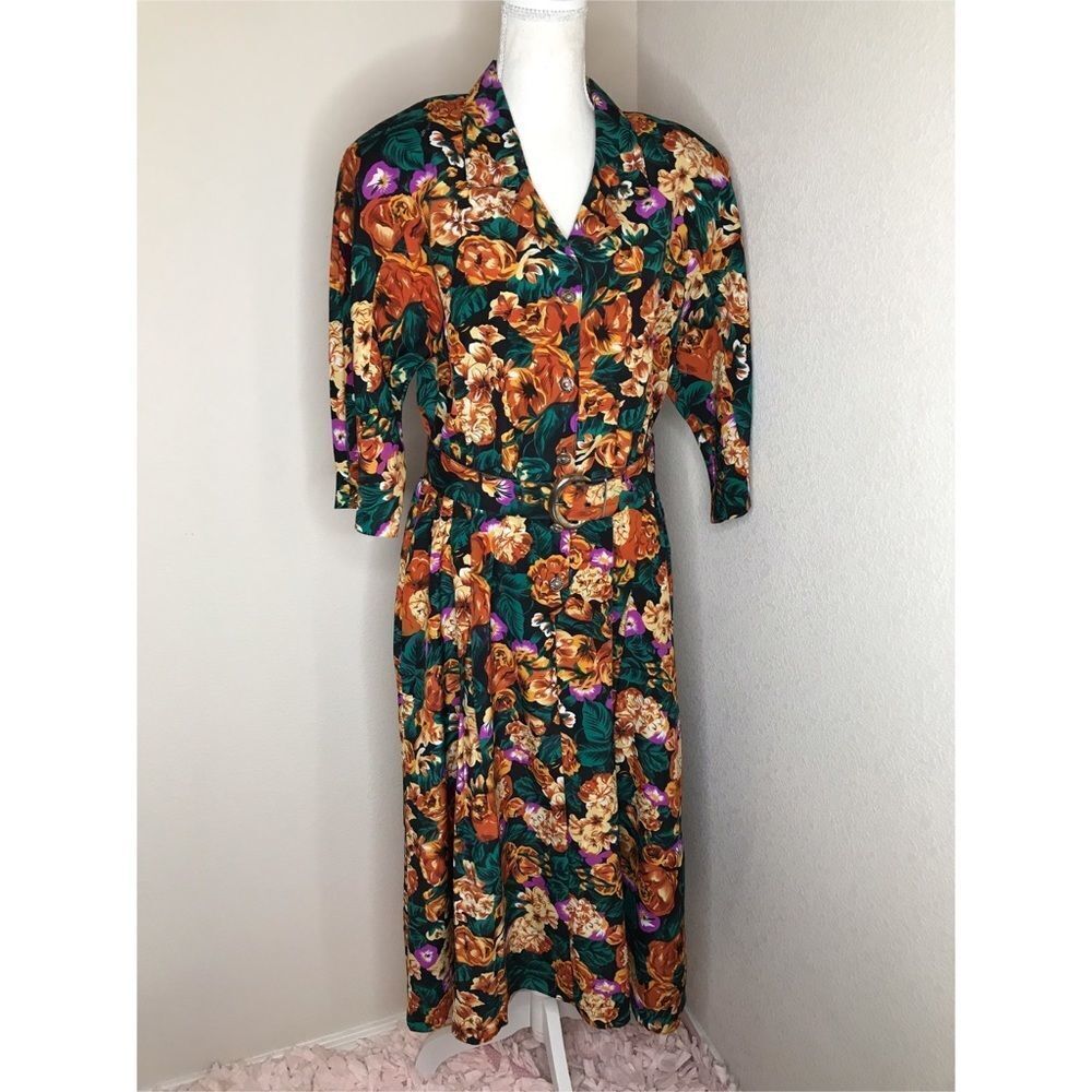 Vintage midi belted shirt tropical dress‎